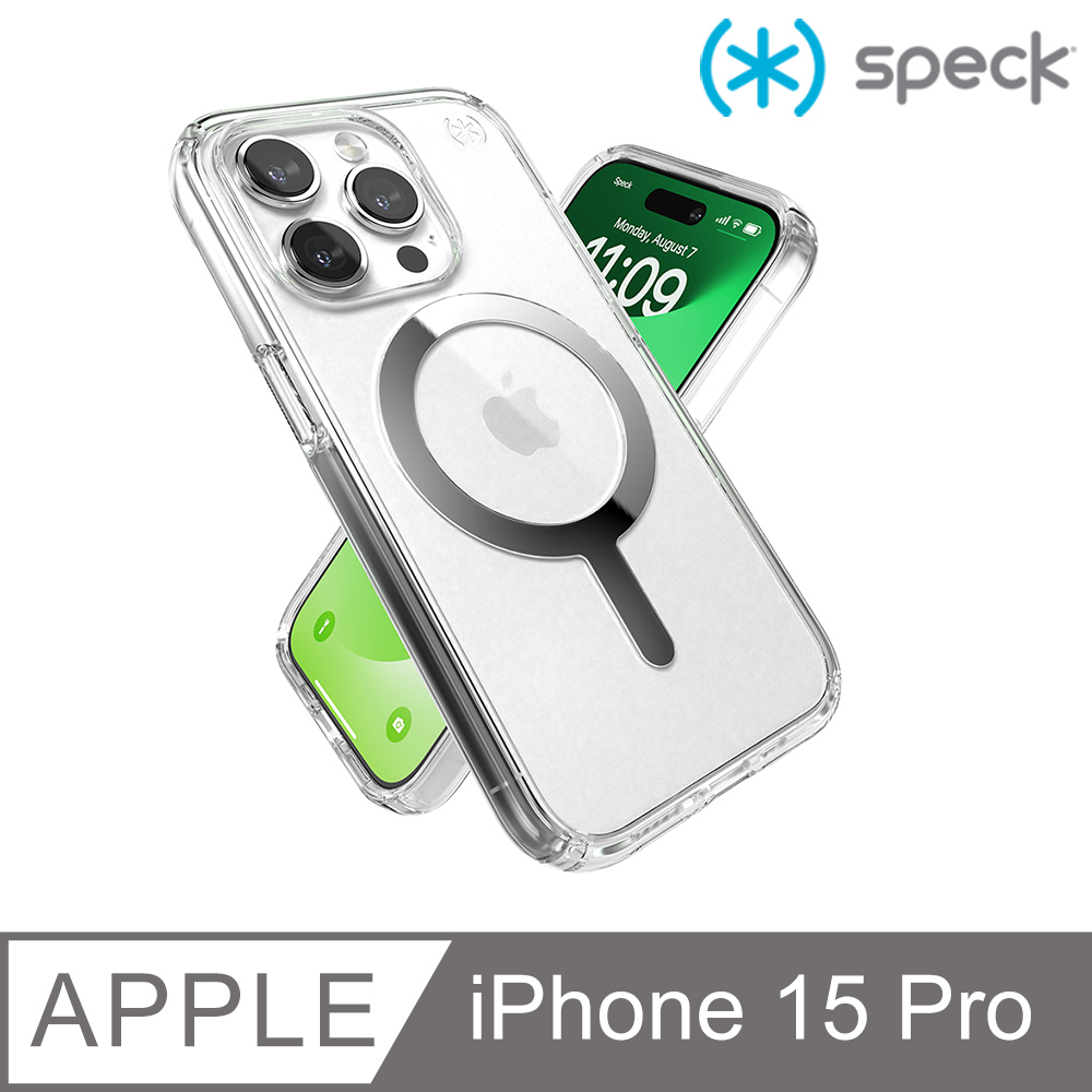 Speck iPhone 15 Pro (6.1吋) Presidio Perfect-Clear MagSafe 銀色磁吸透明防摔殼