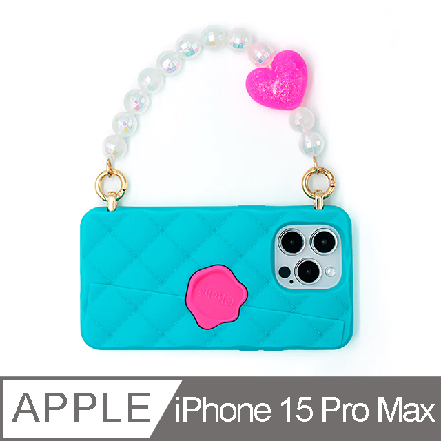 【Candies】iPhone 15 Pro Max - 愛心小香風晚宴包(湖水藍)手機殼