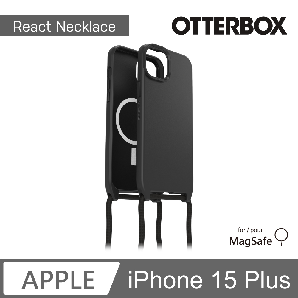 【OtterBox】iPhone 15 Plus 6.7吋 ReactNecklace 簡約掛繩輕透防摔殼(黑)