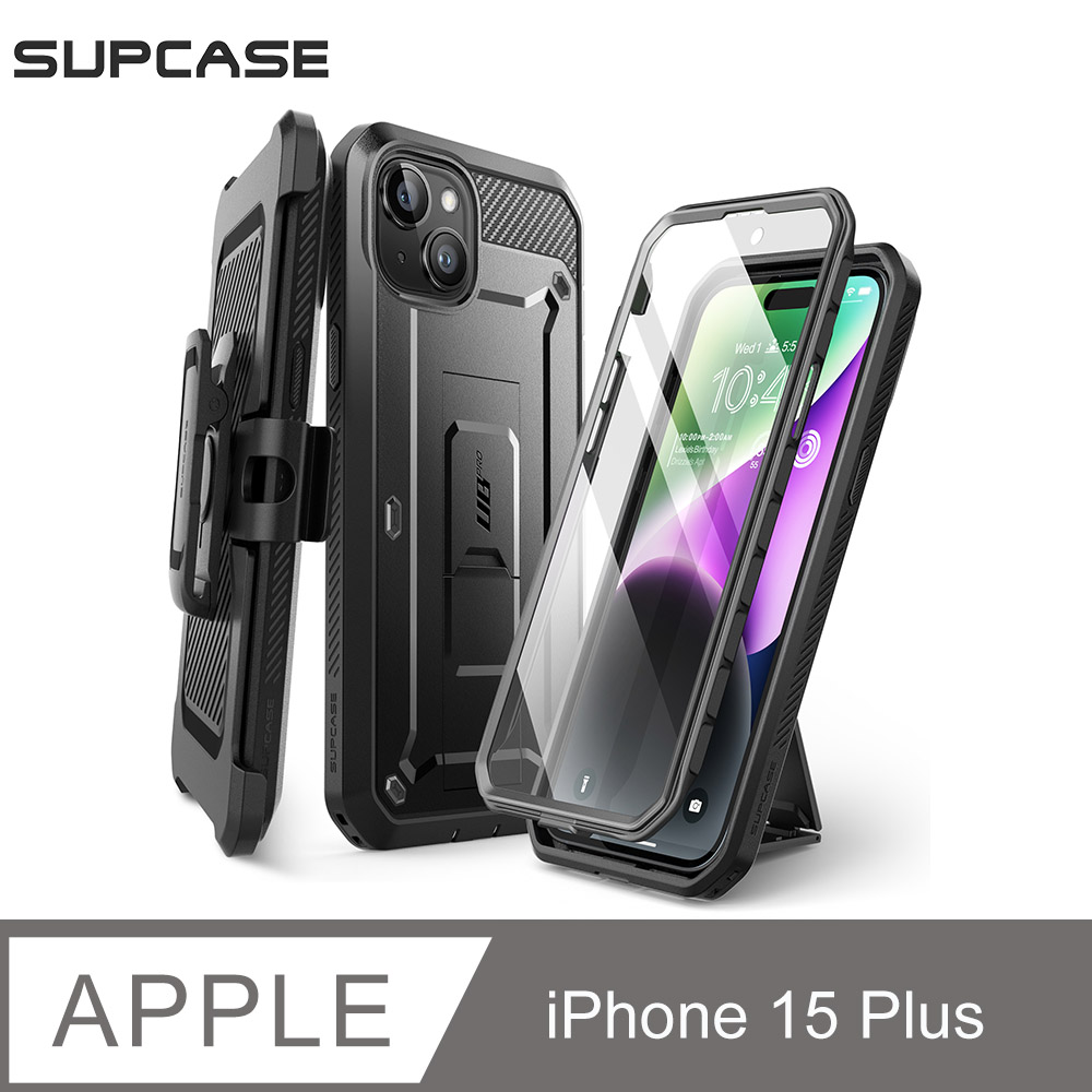 SUPCASE iPhone 15 Plus UB Pro-抗震防摔支架保護殼(黑:含螢幕防護膜、夾扣套)
