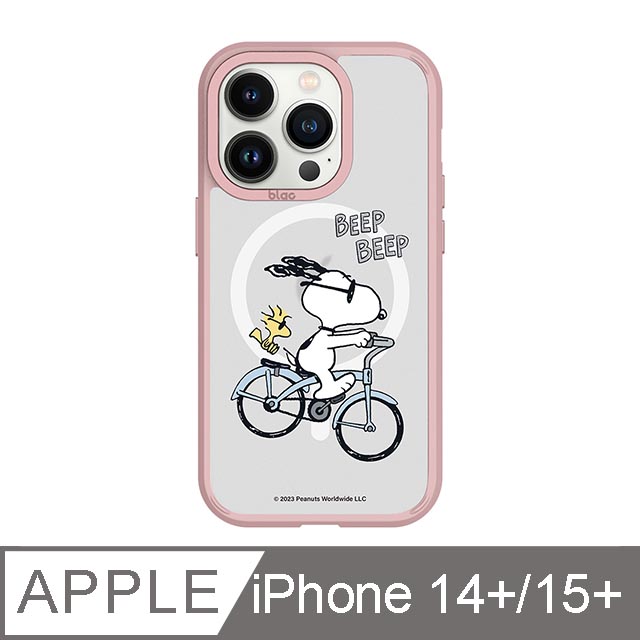 iPhone 14 Plus/15 Plus 6.7吋 SNOOPY史努比 騎單車極光霧透MagSafe iPhone手機殼