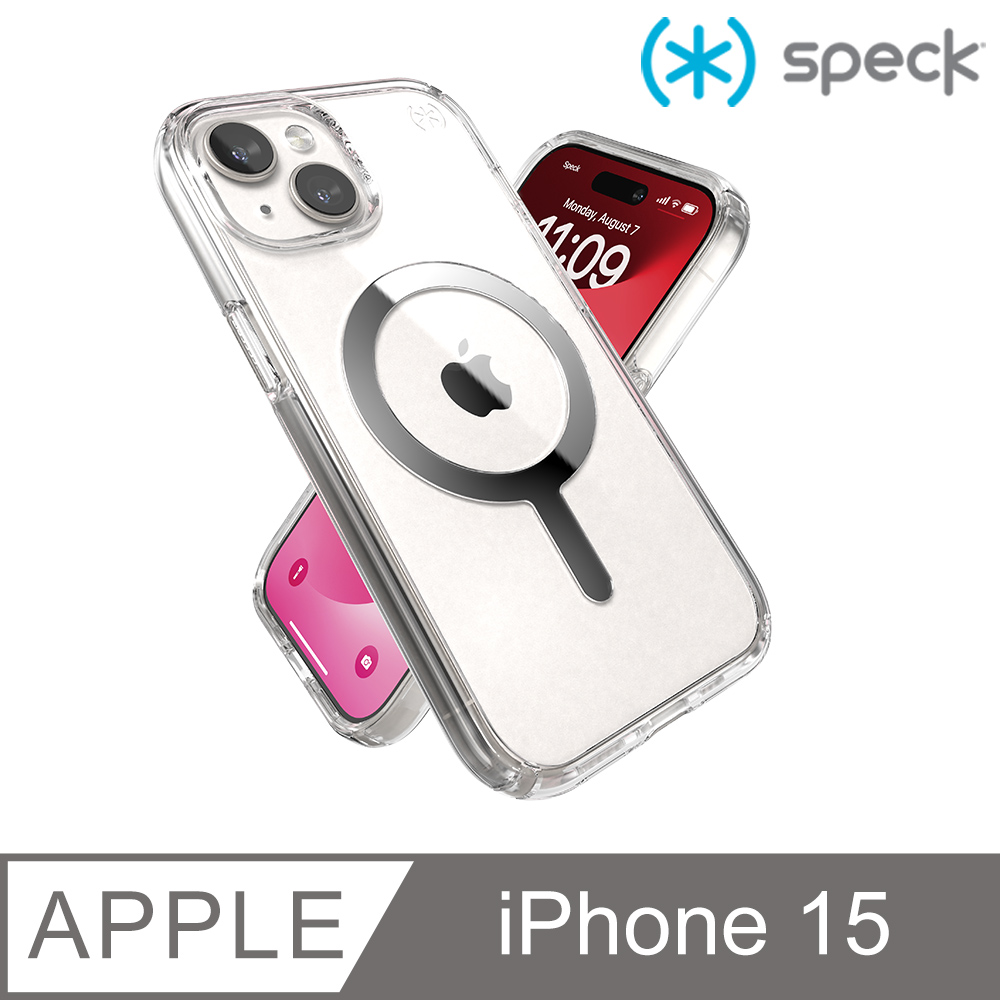 Speck iPhone 15 (6.1吋) Presidio Perfect-Clear MagSafe 銀色磁吸透明防摔殼