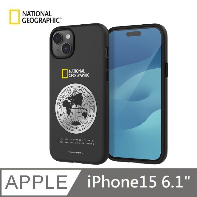 【National Geographic 】 國家地理 Metal Deco 地球徽章 手機殼 適用 iPhone 15 - 黑色