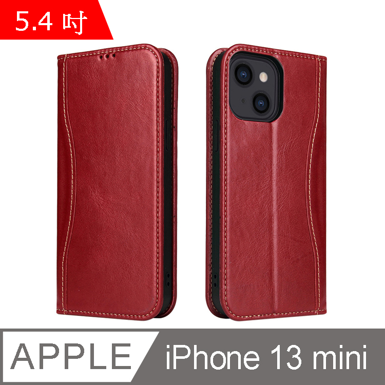 Fierre Shann 新西槍系列 iPhone 13 mini (5.4吋) 錢包式 磁吸側掀 手工真皮皮套-紅色