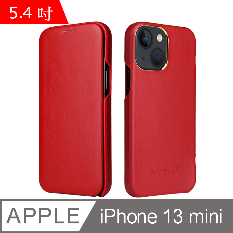 Fierre Shann 商務紋 iPhone 13 mini (5.4吋) 磁吸側掀 手工真皮皮套-紅色