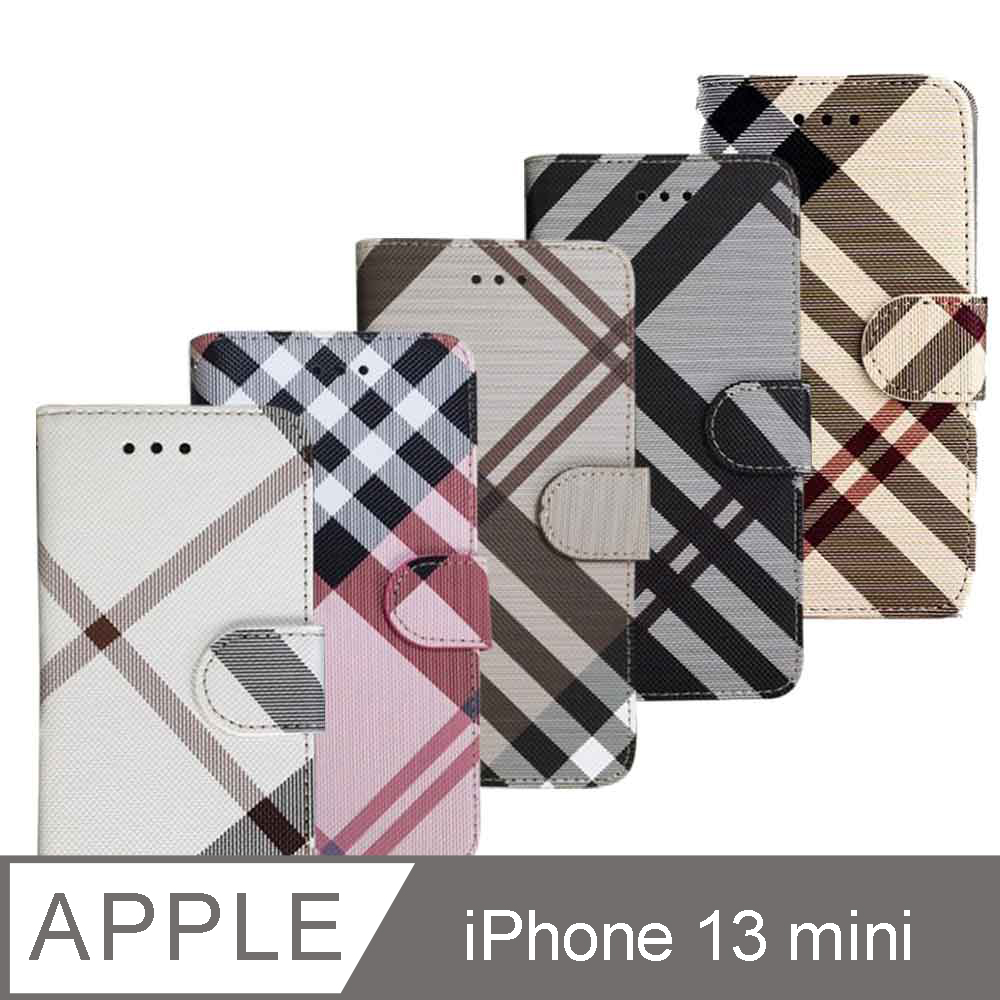 Apple iPhone 13 mini 5.4吋 英倫格紋經典手機皮套 側掀磁扣支架式皮套 5色可選