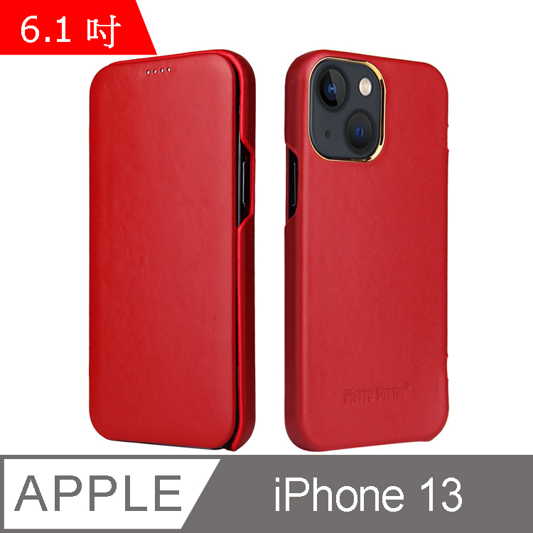 Fierre Shann 商務紋 iPhone 13 (6.1吋) 磁吸側掀 手工真皮皮套-紅色