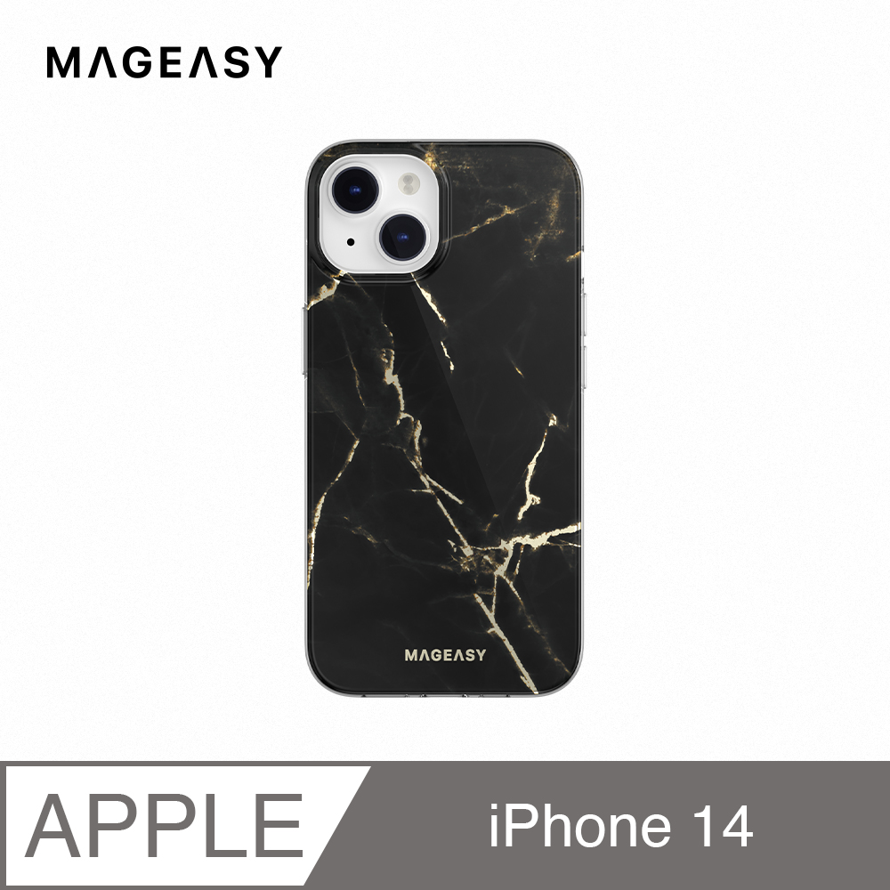 魚骨牌 MAGEASY iPhone 14 6.1吋 Marble 大理石紋防摔手機殼,珍珠黑