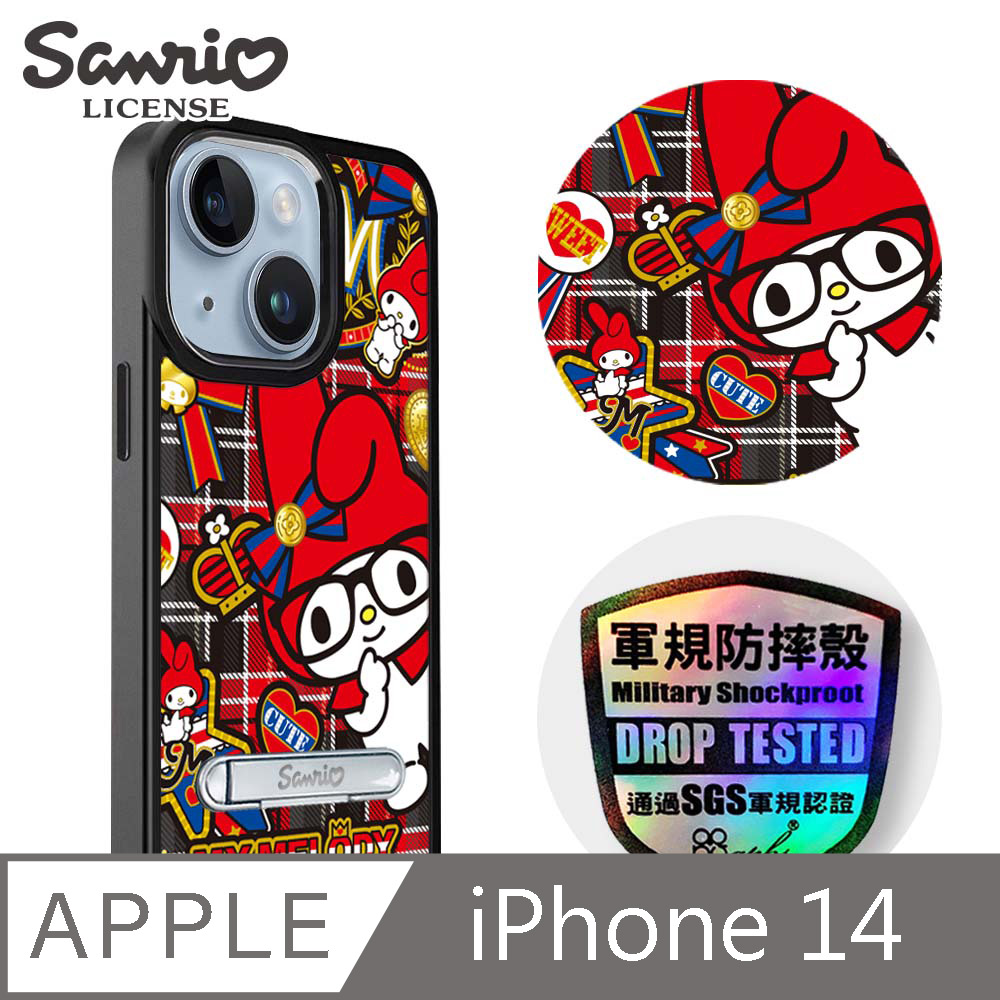 三麗鷗 iPhone 14 6.1吋軍規防摔鋁合金鏡頭框立架手機殼-模範生美樂蒂-黑框