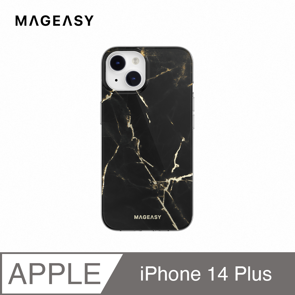 魚骨牌 MAGEASY iPhone 14 Plus 6.7吋 MARBLE M 大理石紋磁吸防摔手機殼,珍珠黑