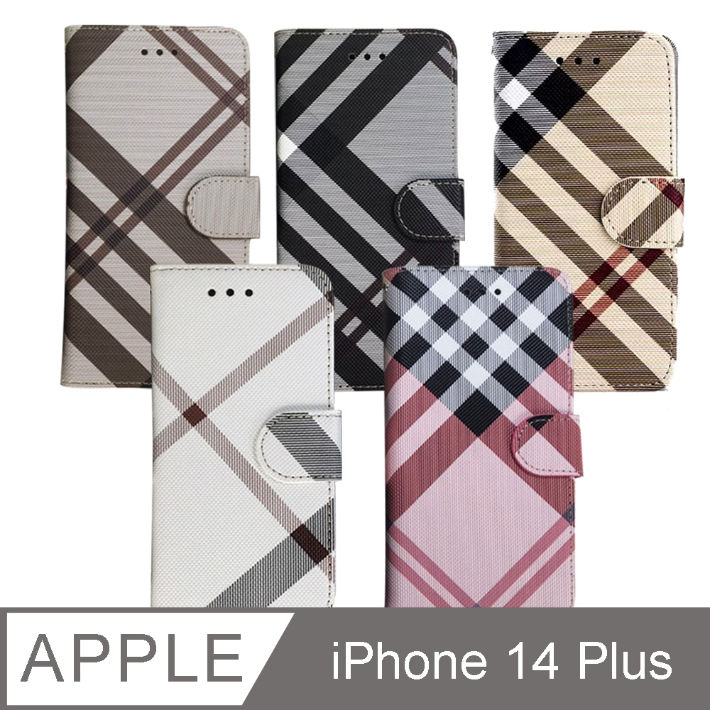 Aguchi 亞古奇 iPhone 14 Plus (6.7吋) (精品版) 英倫格紋經典手機皮套 側掀磁扣支架式皮套