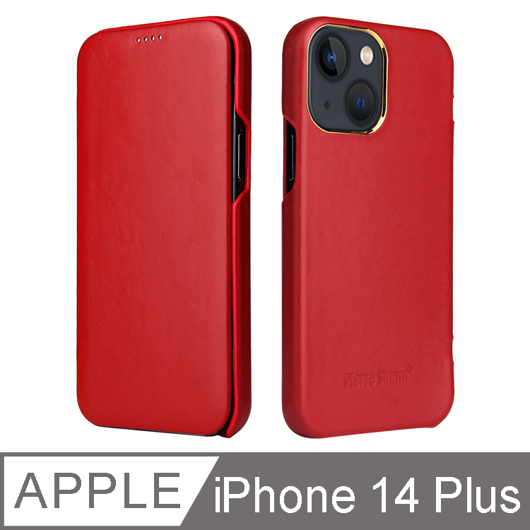 Fierre Shann 商務紋 iPhone 14 Plus (6.7吋) 磁吸側掀 手工真皮皮套-紅色