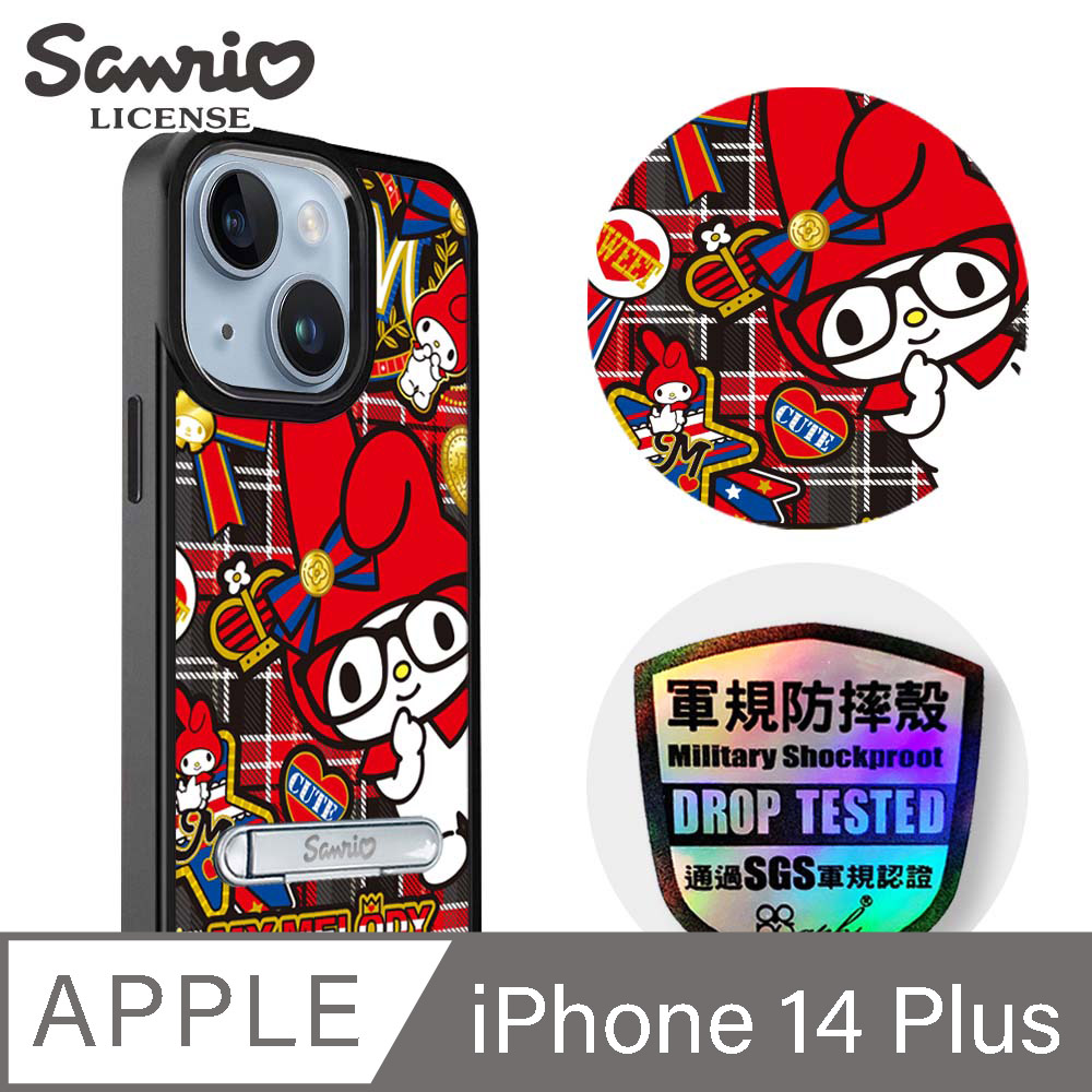 三麗鷗 iPhone 14 Plus 6.7吋軍規防摔鋁合金鏡頭框立架手機殼-模範生美樂蒂-黑框