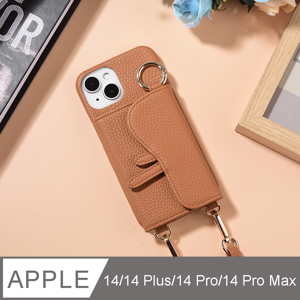 Aguchi 亞古奇 iPhone 14/14 Plus/14 Pro/14 Pro Max 馬鞍卡包手機皮套 附美妝鏡及皮質背帶-焦糖