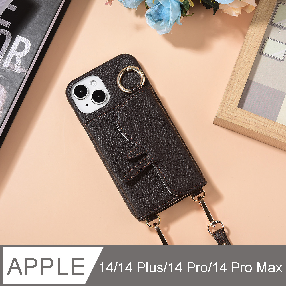 Aguchi亞古奇 iPhone 14/14 Plus/14 Pro/14 Pro Max馬鞍卡包手機皮套 附美妝鏡及皮質背帶-黑褐