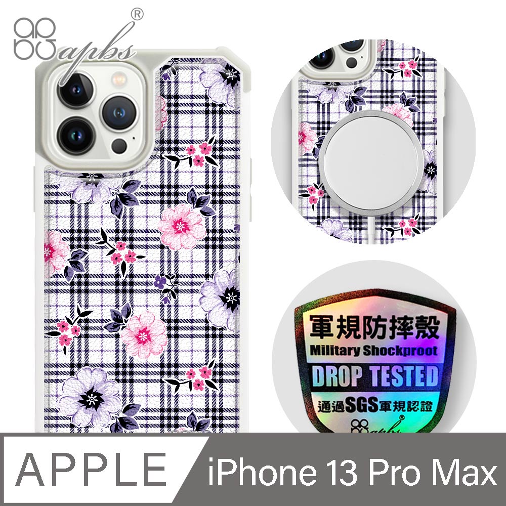 apbs iPhone 13 Pro Max 6.7吋軍規防摔皮革磁吸手機殼-經典牛紋-格紋-舞春花(上光版)-白殼
