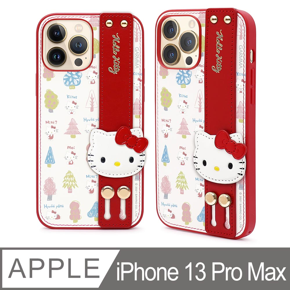 GARMMA Hello Kitty iPhone 13 Pro Max 6.7吋 手掌帶燙金皮革保護套