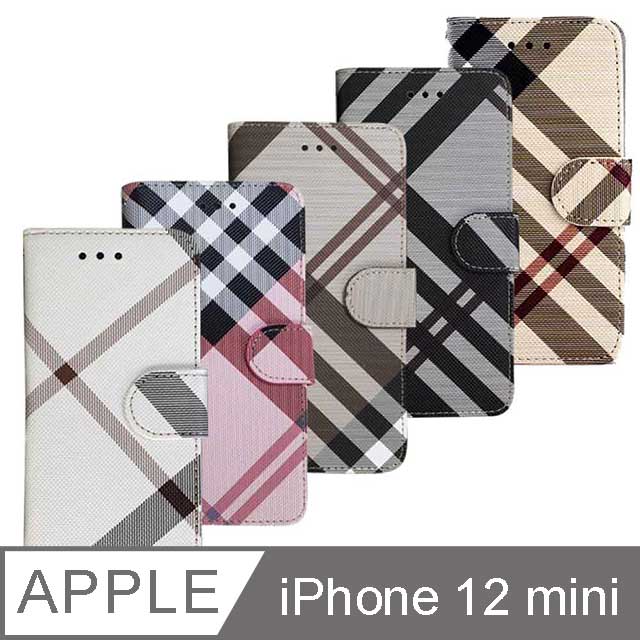 Apple iPhone 12 mini 5.4吋 英倫格紋經典手機皮套 側掀磁扣支架式皮套 矽膠軟殼 5色可選