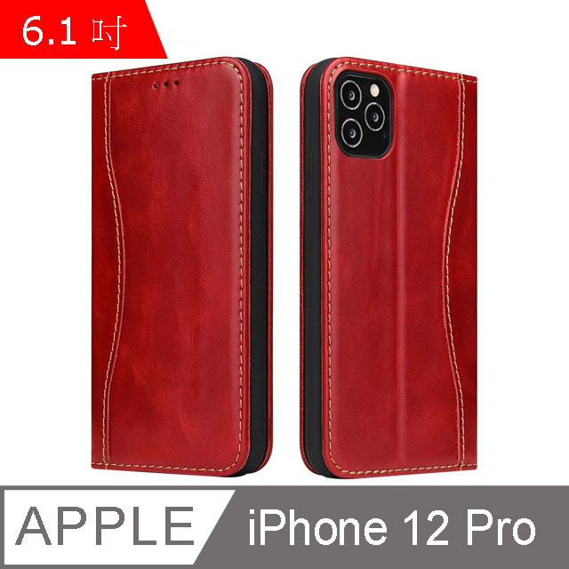 Fierre Shann 新西槍系列 iPhone 12 Pro (6.1吋) 錢包式 磁吸側掀 手工真皮皮套-紅色