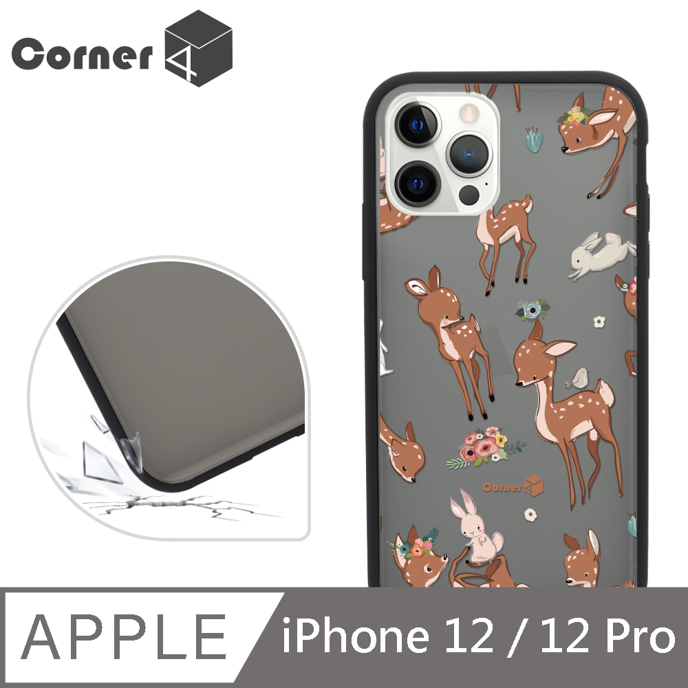 Corner4 iPhone 12 / 12 Pro 6.1吋柔滑觸感軍規防摔手機殼-小鹿(黑殼)