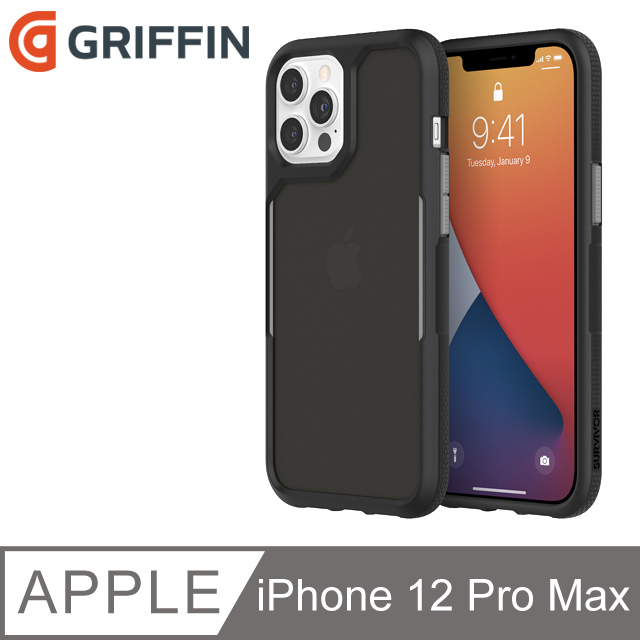Griffin Survivor Endurance iPhone 12 Pro Max軍規抗菌霧透防摔殼(4.25米防摔)-黑色/霧透黑背蓋