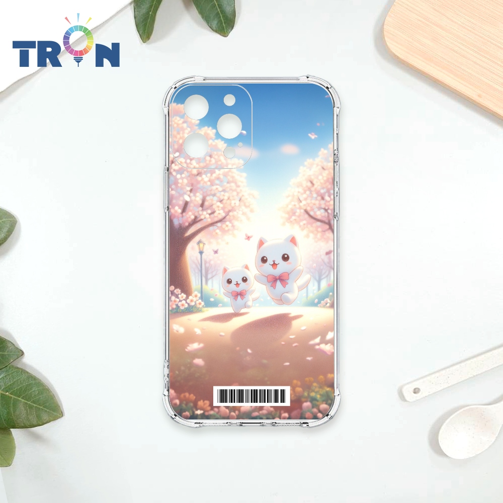 TRON IPhone 12 PRO MAX 櫻花插畫風格白貓咪 載具 四角防摔殼 手機殼