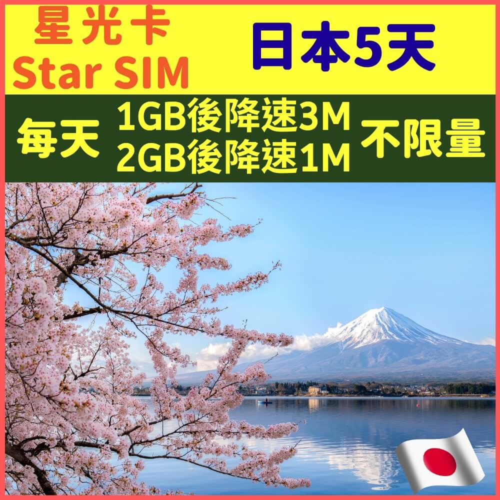 【星光卡-日本5天每天1GB後降速3M、2GB後降速1M上網不限量】