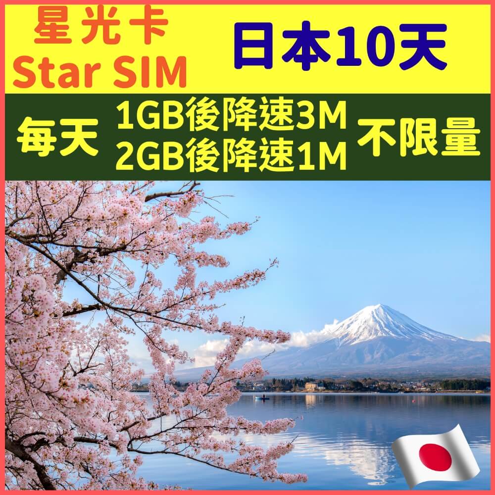 【星光卡-日本10天每天1GB後降速3M、2GB後降速1M上網不限量】