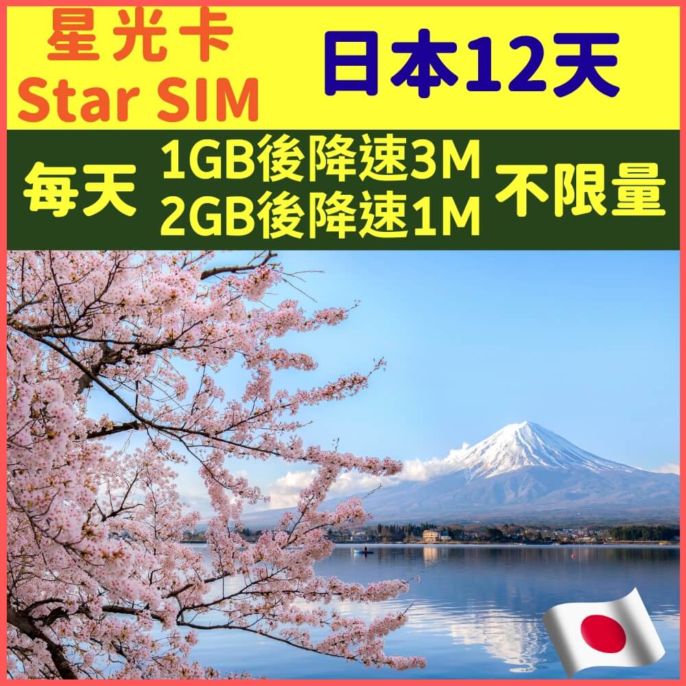 【星光卡-日本12天每天1GB後降速3M、2GB後降速1M上網不限量】