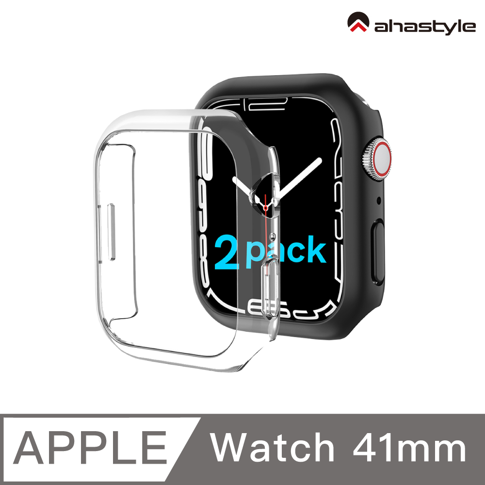 AHAStyle Apple Watch S7 41mm 簡約錶殼 硬殼防刮保護殼(兩組入) 透明/磨砂黑