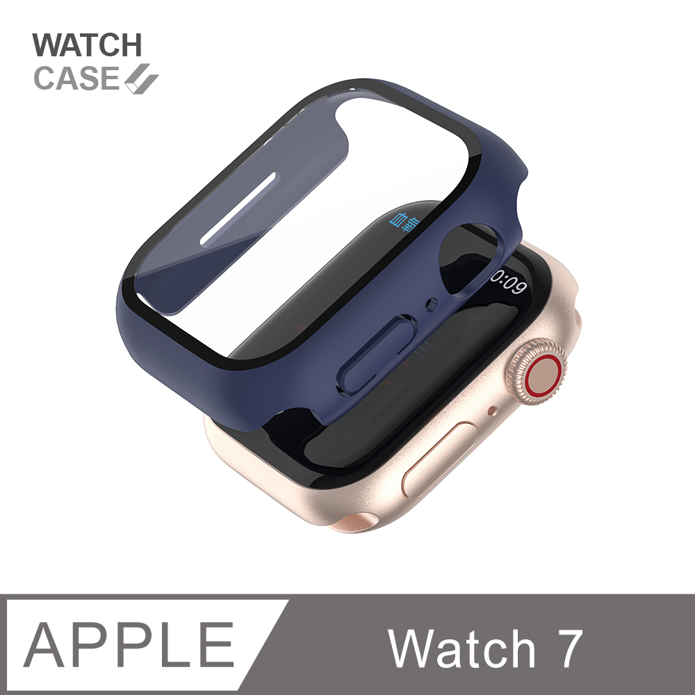 Apple Watch 7 保護殼 簡約輕薄 防撞 防摔 錶殼 鋼化玻璃 二合一 適用蘋果手錶 -午夜藍