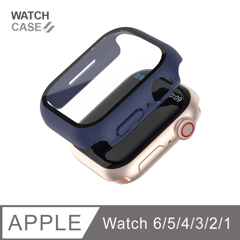 Apple Watch 6/5/4/3/2/1 保護殼 簡約輕薄 防撞 防摔 錶殼 鋼化玻璃 二合一 蘋果手錶-午夜藍
