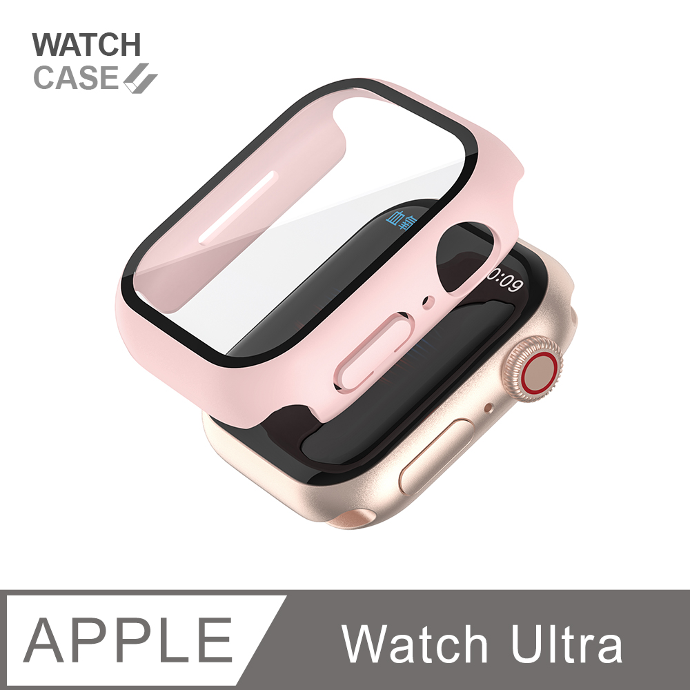 Apple Watch Ultra 保護殼 簡約輕薄 防撞 防摔 錶殼 鋼化玻璃 二合一 適用蘋果手錶 -櫻花粉