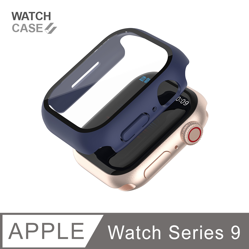 Apple Watch 9 保護殼 簡約輕薄 防撞 防摔 錶殼 鋼化玻璃 二合一 適用蘋果手錶 - 午夜藍