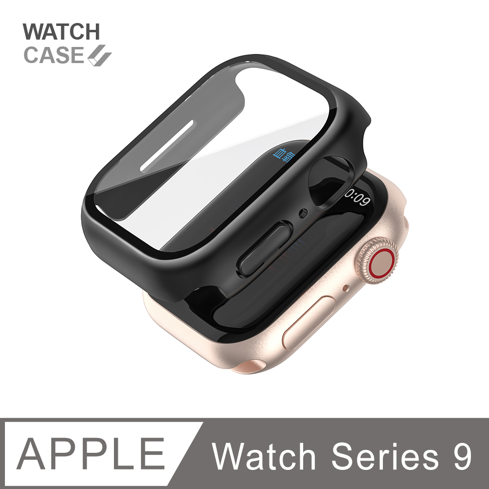 Apple Watch 9 保護殼 簡約輕薄 防撞 防摔 錶殼 鋼化玻璃 二合一 適用蘋果手錶 - 曜石黑