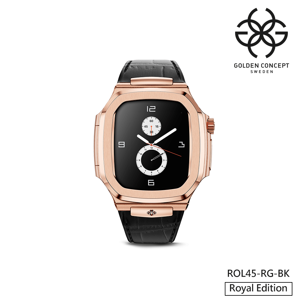 【Golden Concept】APPLE WATCH 45mm 黑色皮革錶帶 18K玫瑰金不銹鋼錶框 WC-ROL45-RG-BK