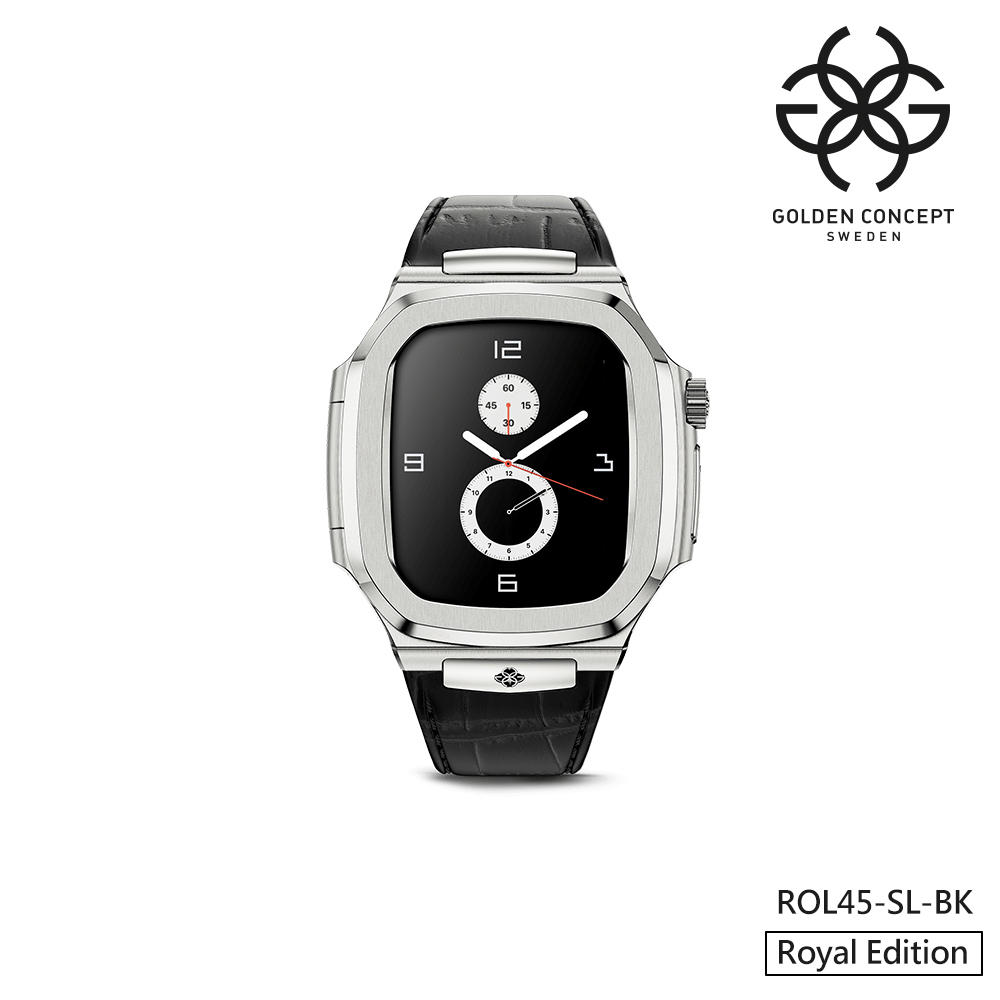 【Golden Concept】APPLE WATCH 45mm 黑色皮革錶帶 銀色不銹鋼錶框 WC-ROL45-SL-BK
