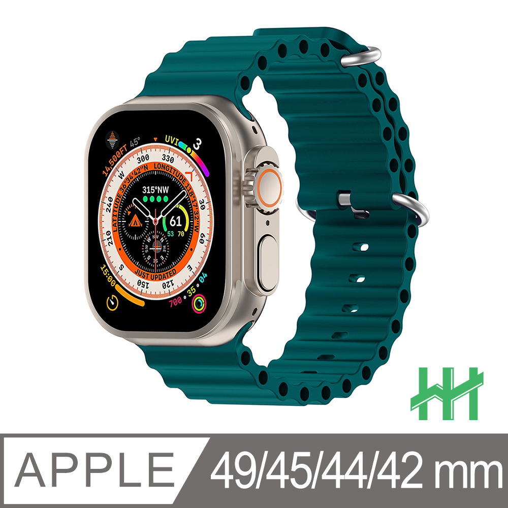 HH-Apple Watch 42/44/45/49mm 可調扣環海洋矽膠錶帶(莫蘭迪綠)