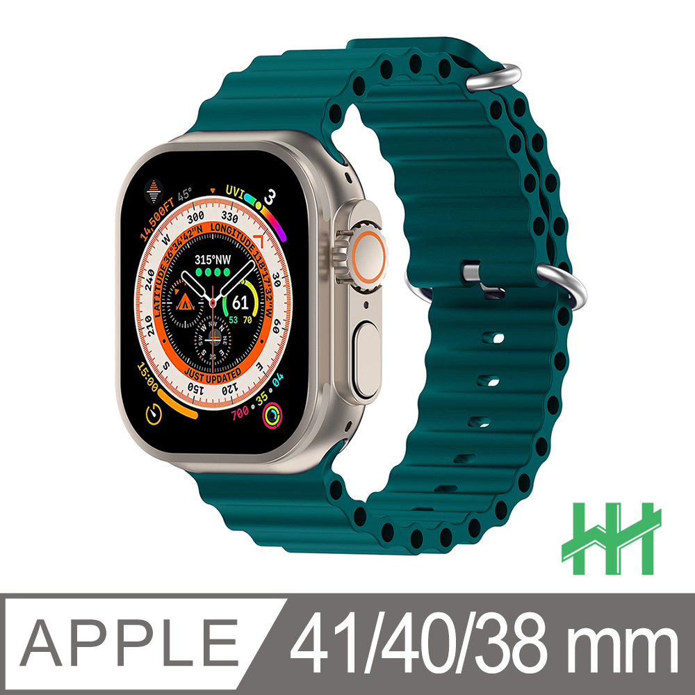 HH-Apple Watch 38/40/41mm 可調扣環海洋矽膠錶帶(莫蘭迪綠)