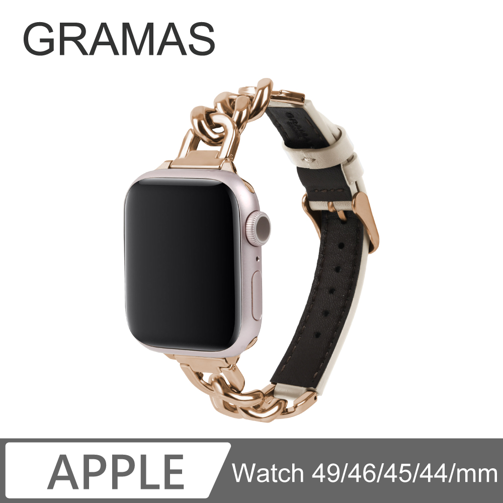 Gramas Apple Watch 49/46/45/44mm 仕女金屬鏈皮革錶帶-卡其色