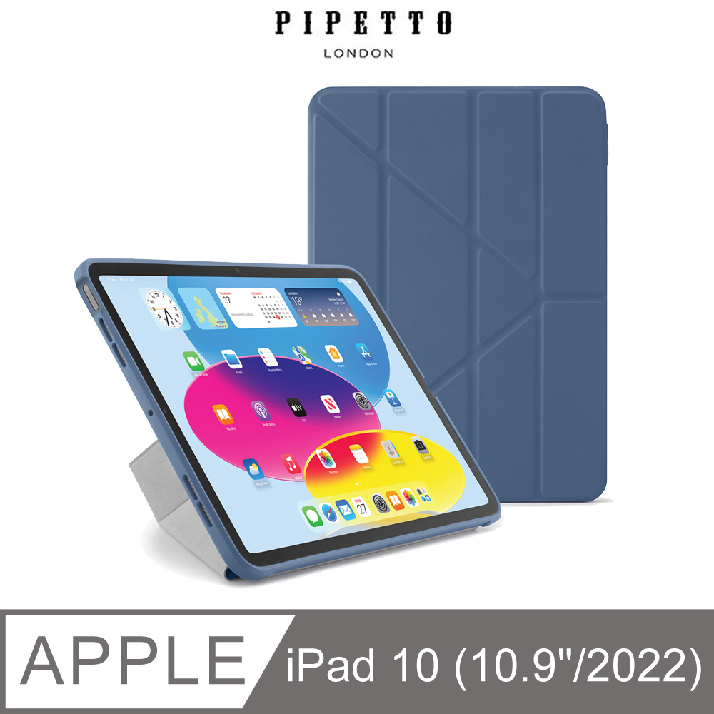 Pipetto iPad 第10代 (10.9吋) Origami 多角度多功能保護套-海軍藍/透明背蓋