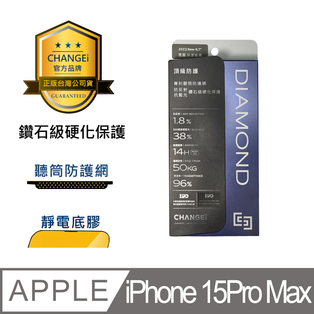CHANGEi 防塵網系列 iPhone頂級黑鑽亮面玻璃貼 iPhone15 pro max適用