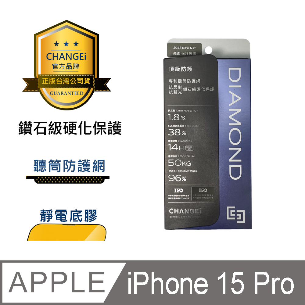 CHANGEi 防塵網系列 iPhone頂級黑鑽亮面玻璃貼 iPhone15 pro適用