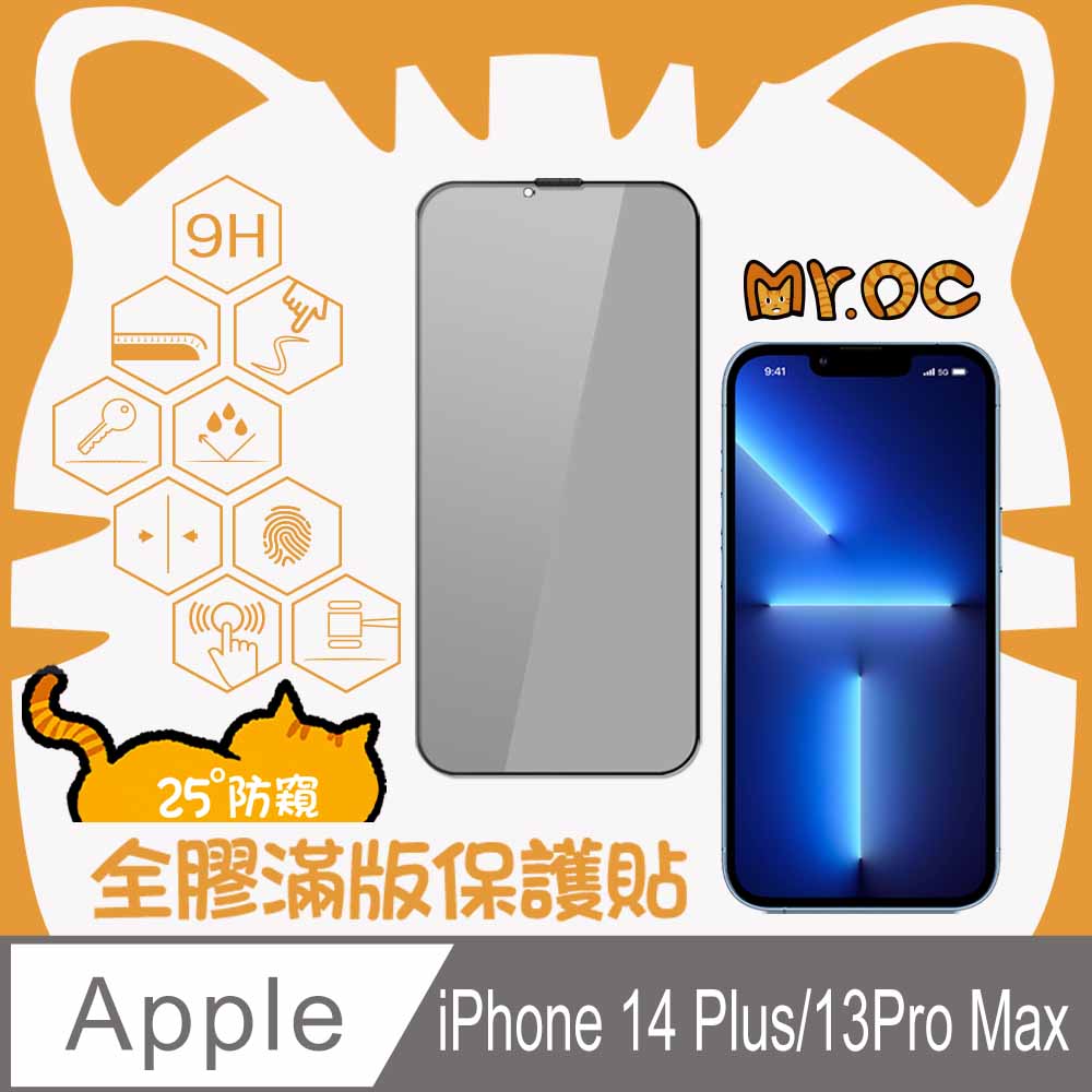 Mr.OC橘貓先生 iPhone 13Pro Max/14 Plus 25°防窺滿版防塵網玻璃保護貼-黑