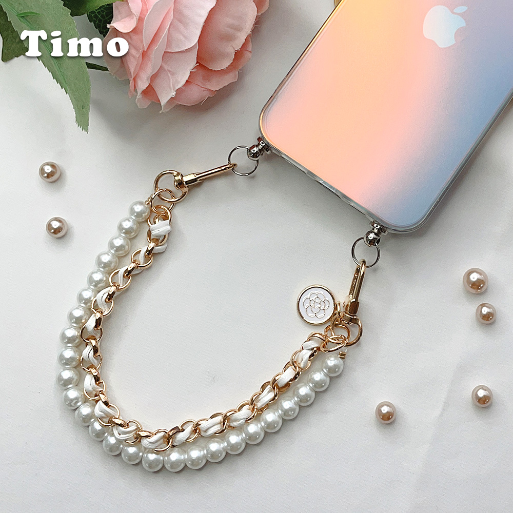 【Timo】iPhone系列 手提掛鍊 手機殼＋珍珠小香風雙層短鏈組