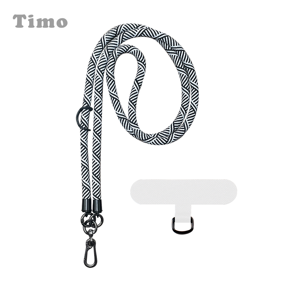 【Timo】iPhone/安卓通用款 戶外登山加厚版粗棉繩 手機掛繩背帶組-條紋白