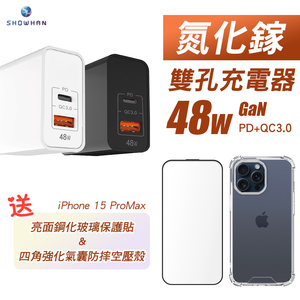 【買充電頭送iPhone15 Pro Max殼貼】SHOWHAN 48W GaN PD+QC3.0充電器送iPhone 15 Pro Max貼+殼