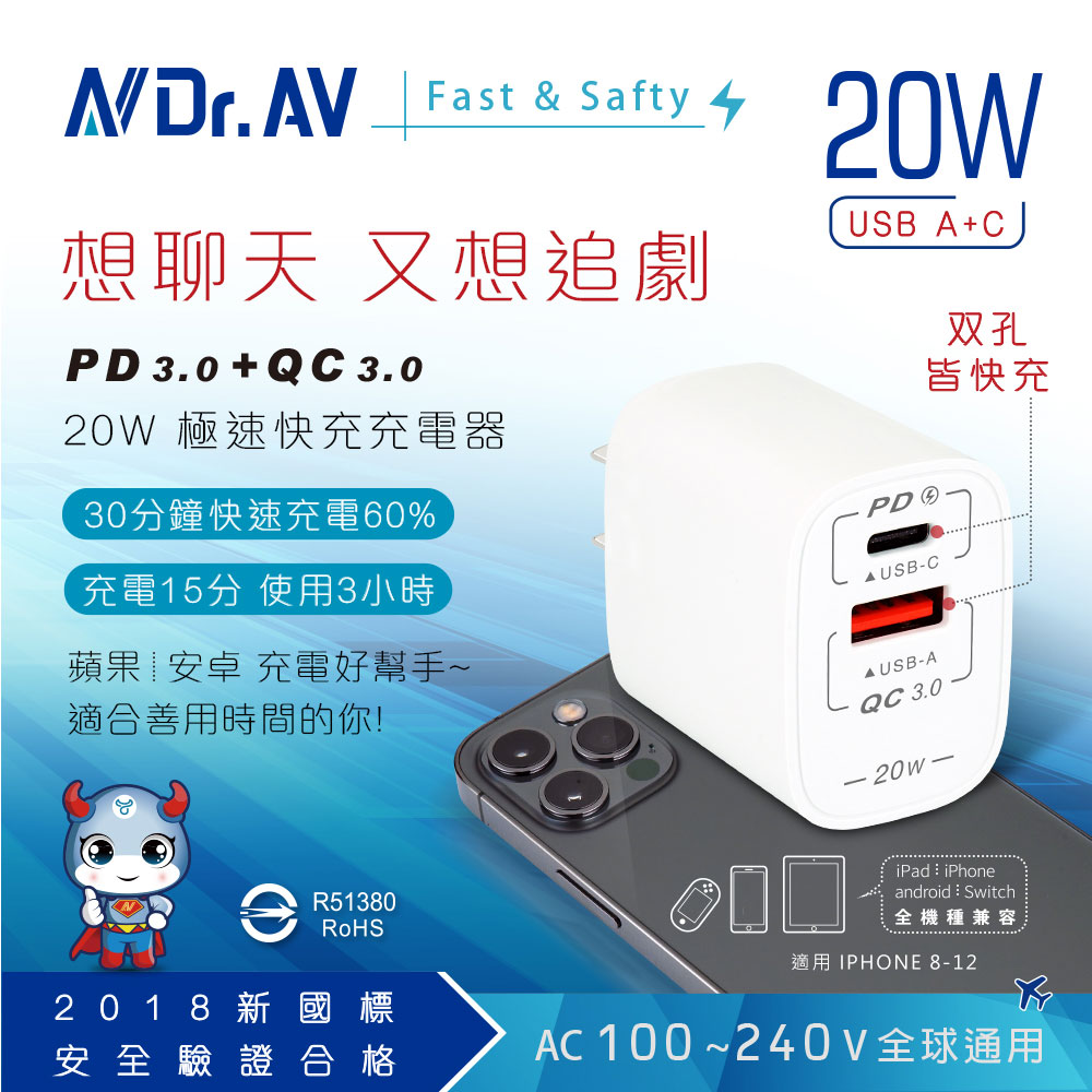 【N Dr.AV聖岡科技】USB-20AC PD+QC 20W雙孔極速快充充電器