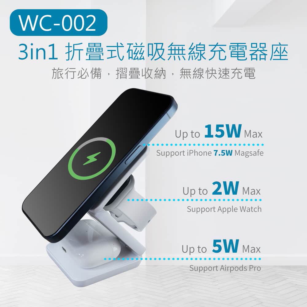 MINIQ 3in1 22W 折疊式磁吸無線充電器座(手機/手錶/耳機) 臺灣製造、透過BSMI認證