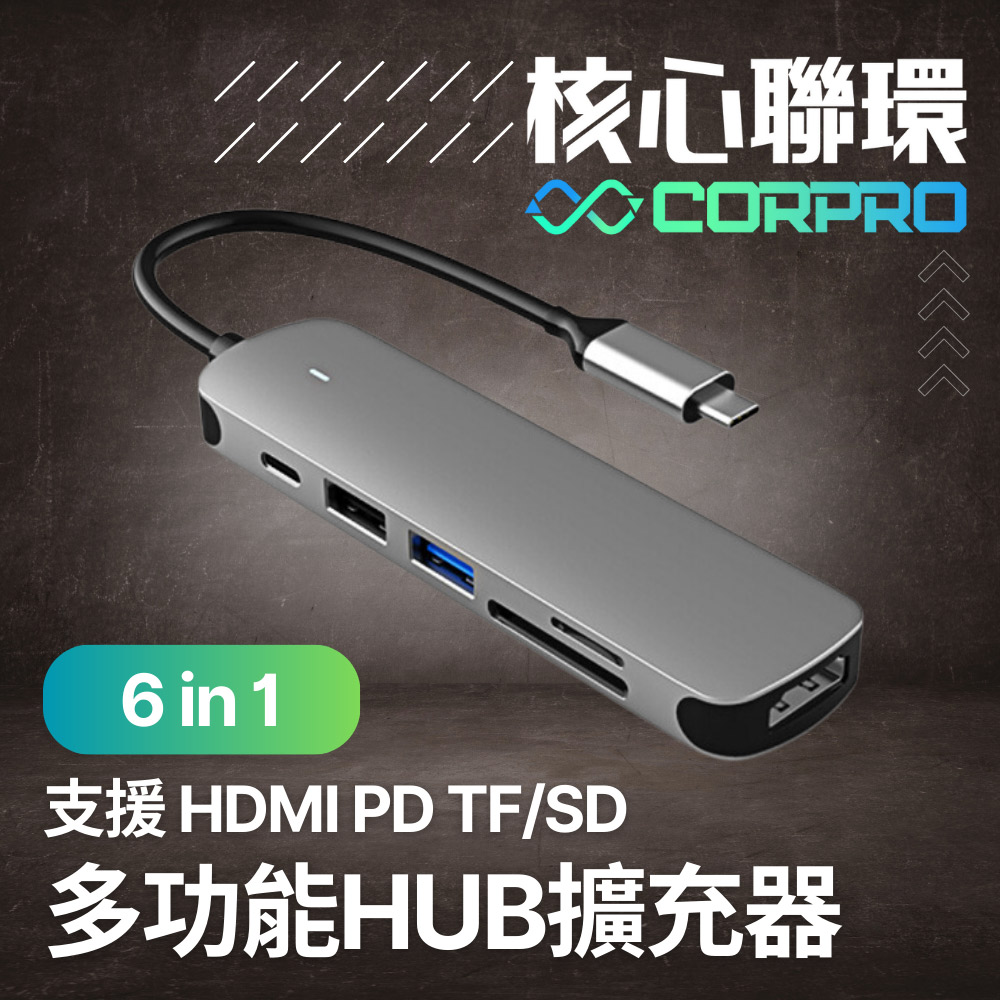 CorPro核心聯環 6合1 輕便多工擴充轉接器 Type-C 支援HDMI